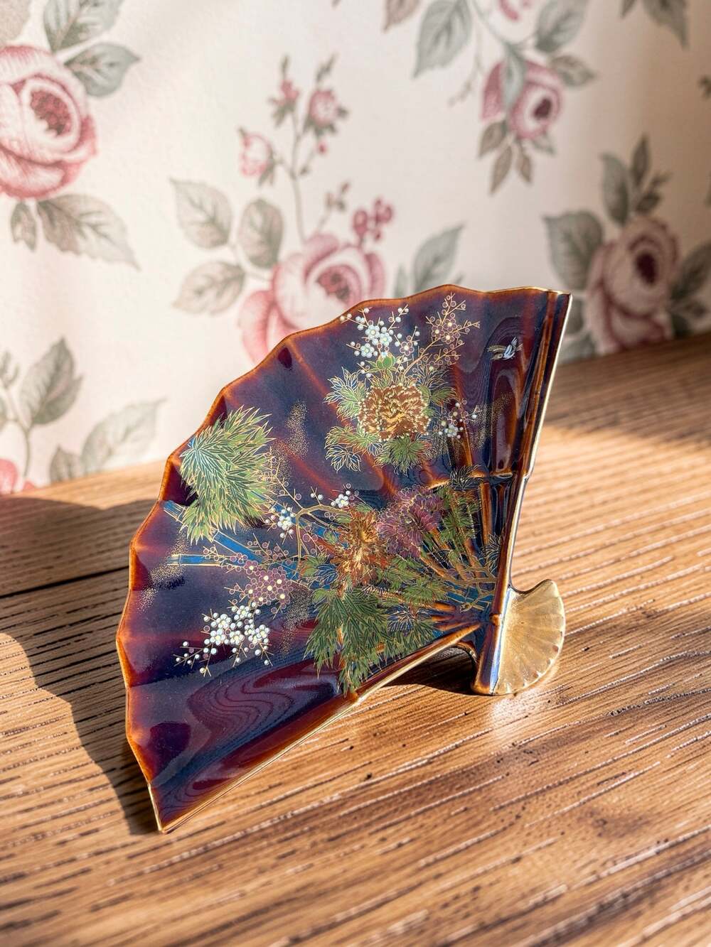 Vintage Japanese Fan Shaped Ceramic Dish Gold Floral Bamboo Bird Decor